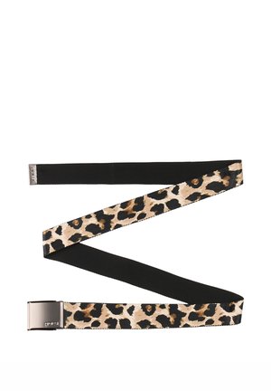 Lange riem met luipaardprintstof aan de ene kant en effen zwart aan de andere, met een zilverkleurige metalen gesp.