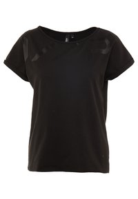 Sort kortærmet t-shirt lavet af bomuld. Har en rund halsudskæring og teksturerede sorte detaljer på forsiden i et geometrisk mønster.