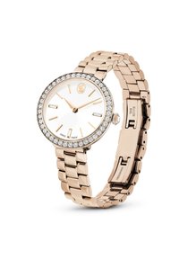 Montre en or rose avec un cadran blanc rond, une lunette en cristal et des index en or rose. Équipée d'un bracelet en métal inoxydable.