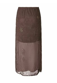 Jupe midi marron transparente avec broderie florale et abstraite en perles, avec une ceinture ajustée et une partie inférieure légèrement translucide.