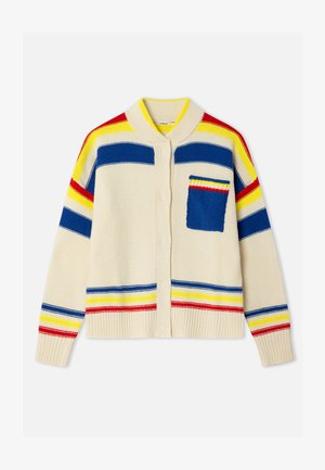 Cardigan en maille crème avec rayures multicolores (rouge, jaune, bleu). Doté d'une poche avant et d'un col et poignets côtelés.