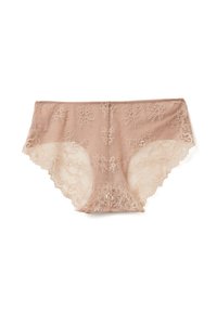 Mutande hipster in pizzo di colore beige chiaro, con motivi floreali e un bordo scallopato. Tessuto morbido e texturizzato con una vestibilità comoda.