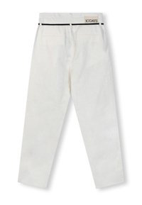 Witte linnen broek met een rechte pijpdesign, voorzien van een zwarte elastische tailleband en een label aan de achterkant met het "10 DAYS" merk.