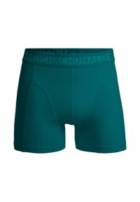 Pánske boxerky v teal farbe, vyrobené z mäkkého, elastického materiálu. Pás je ozdobený tónovaným názvom značky v tučnom písmene.