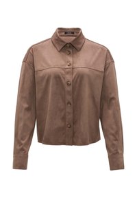 Chemise marron à manches longues avec boutons et col, avec une texture lisse et un ourlet droit.