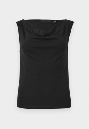 Črn brezrokavnik iz gladkega, raztegljivega materiala; ima draped cowl izrez in prilegajoč silhueto s ravnim robom.