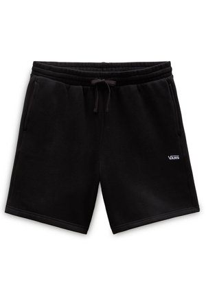 Schwarze Freizeit-Shorts mit Kordelzug in der Taille, Seitentaschen und kleinem weißen Vans-Logo am rechten Bein vor weißem Hintergrund.