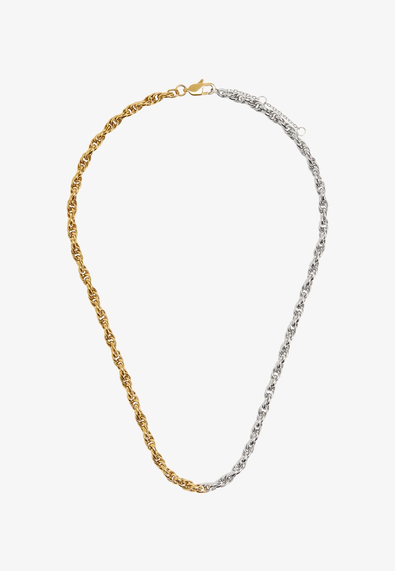 Złoty i srebrny naszyjnik łańcuchowy z przeplatającymi się ogniwami, z zapięciem typu karabińczyk, posiadający teksturowane wykończenie i kontrastujące kolory.