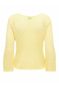 Pull en crochet à manches longues jaune clair avec un délicat motif en dentelle ouverte et un large col, vu de dos.