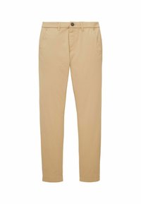 Beige bomullschinos i rak modell, med snedställda framfickor och en enkel knappstängning. Inga synliga mönster eller dekorationer.