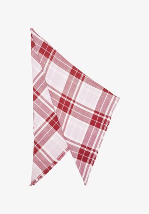 Tissu en coton à carreaux rouge et blanc, présentant un motif carré avec des bords effilochés, replié en forme triangulaire.