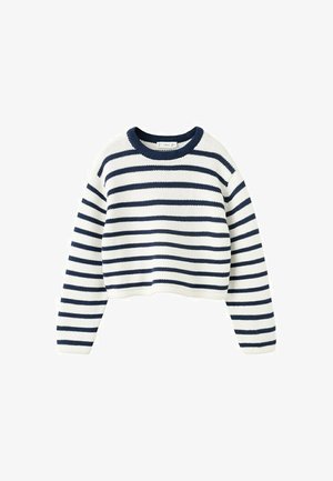 Pull court en maille blanche avec des rayures horizontales bleu marine et un col rond bleu marine, présenté sur un fond blanc.