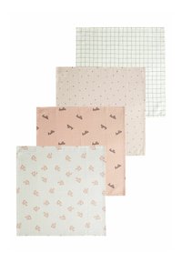 Set aus vier Platzsets in verschiedenen Farben: Karomuster, blassrosa mit Text, pink mit verstreuten Punkten und mintgrün mit wiederholten Grafiken.
