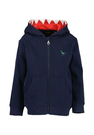 Navyblå zip-up hættetrøje med kængurulommer, rød hættelinning med hvide trekantede former og lille grøn dinosaurbroderi på brystet.