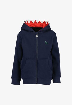 Felpa con cappuccio blu navy con zip e tasche a marsupio, fodera del cappuccio rossa con forme triangolari bianche e piccolo ricamo di dinosauro verde sul petto.