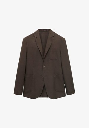 Bruine linnen blazer met een enkele borstzak, twee voorzakken, met klep, notch revers en een sluiting met twee knopen. Gestructureerde stofoppervlak.