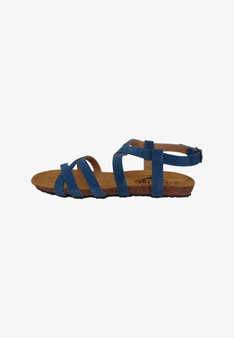 Blue suede strappy sandal with a cork footbed, flat sole, and adjustable ankle strap. Slim, overlapping straps create an open design.