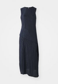 Navy blue sleeveless dress with a textured fabric, featuring an asymmetric design and a draped hem. Side slit detail and back closure.