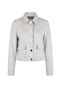 Gray cropped jacket with a structured collar, four snap buttons, two front flap pockets, and smooth fabric texture.