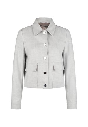 Grau beschnittene Jacke mit strukturiertem Kragen, vier Druckknöpfen, zwei vorderen Klapptaschen und glatter Stofftextur.