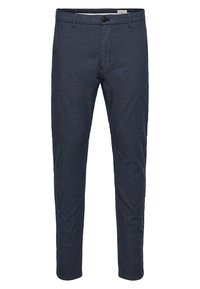 Navy blue trousers made from a textured fabric, featuring a front button closure, belt loops, and tapered legs.