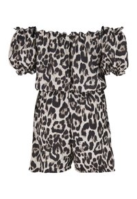 Leopardmønstret romper med av skuldrene-design, korte puffermede ermer, elastisk midjebånd og mykt, flytende stoff.
