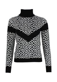 Zwart-wit gestreepte coltrui met geometrische ontwerpen, geribbelde mouwen en een aansluitende pasvorm.