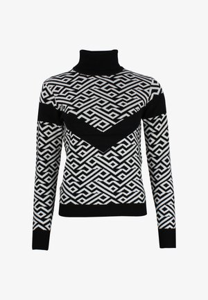 Maglione a collo alto in bianco e nero con motivo geometrico, polsini a costine e silhouette aderente.