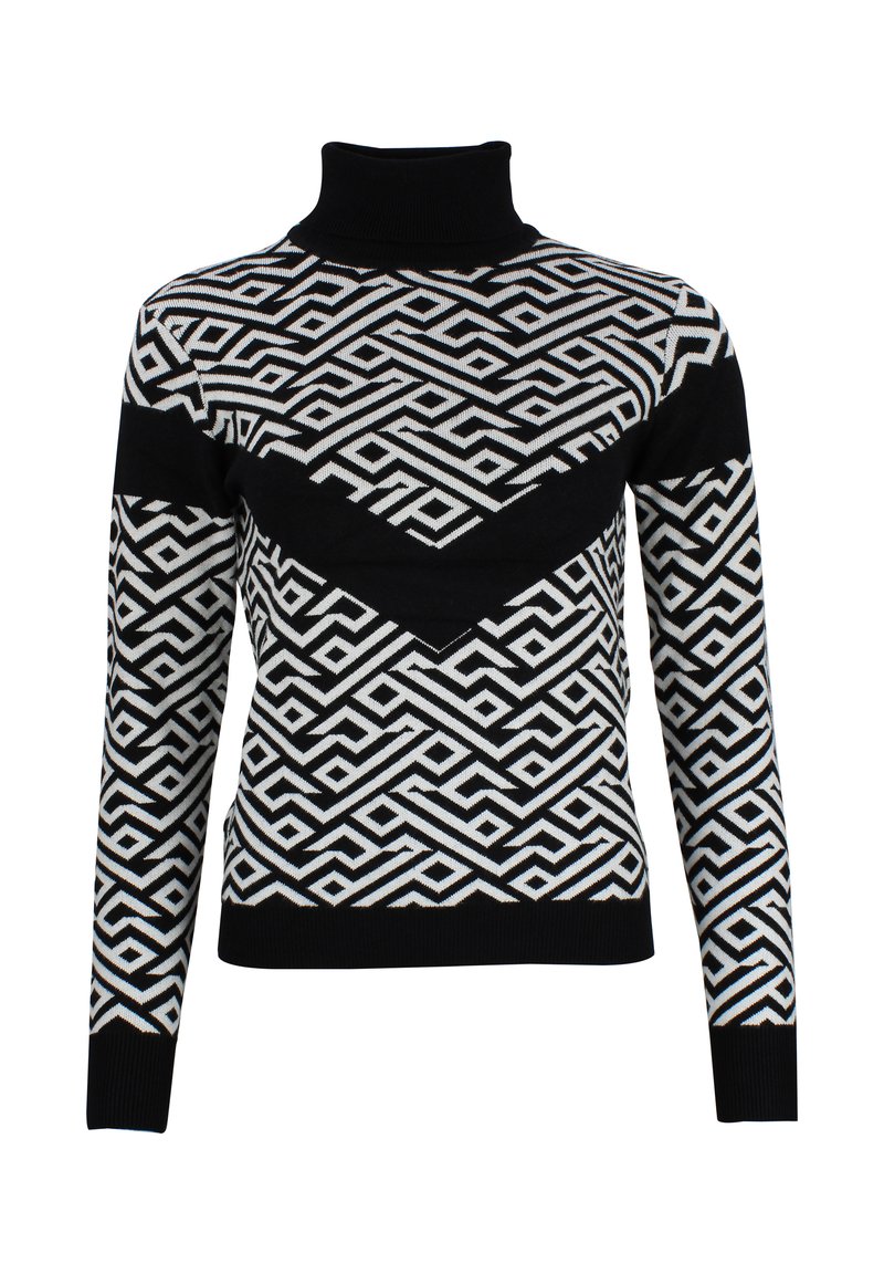 Zwart-wit gestreepte coltrui met geometrische ontwerpen, geribbelde mouwen en een aansluitende pasvorm.