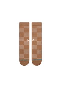 Brown socks with a checker pattern, featuring a light tan base. Includes blue accent at the cuff and a circular white logo.