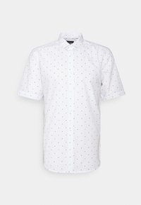 Camicia bianca a maniche corte con bottoni, decorata da un fine motivo di piccole forme rosse e nere. Realizzata in tessuto traspirante.