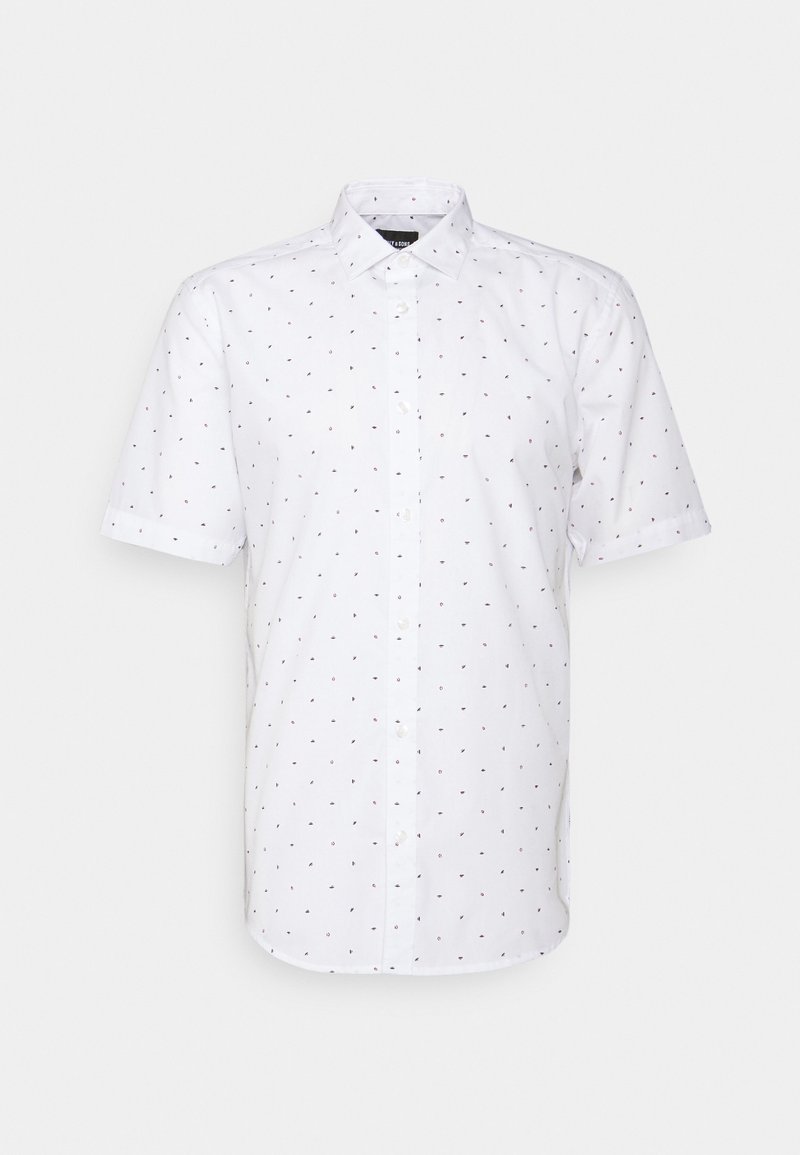 Camicia bianca a maniche corte con bottoni, decorata da un fine motivo di piccole forme rosse e nere. Realizzata in tessuto traspirante.