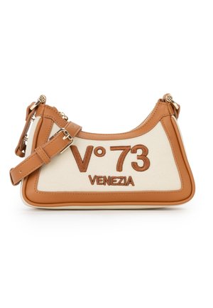 Petit sac à main beige et beige clair avec sangle réglable, fermeture éclair dorée et "V°73 VENEZIA" brodé sur le devant.