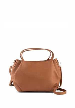 Brown leather handbag with a textured finish, dual short handles, and a detachable shoulder strap, featuring a soft, rounded shape.