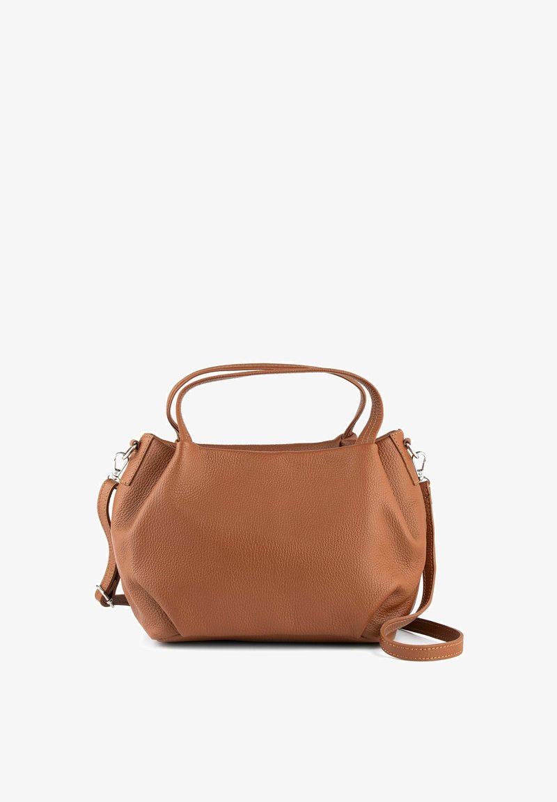 Braune Lederhandtasche mit strukturierter Oberfläche, dualen kurzen Griffen und einem abnehmbaren Schultergurt, mit einer weichen, runden Form.