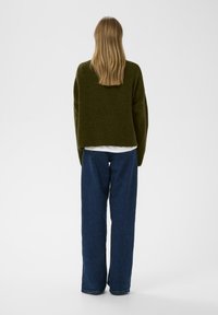 Zaļš vilnas džemperis ar brīvu piegriezumu, uzvilkts virs baltas krekla, savienots ar brīvām zilām džinsām. Vienkārša dizaina, bez redzamām rakstām.