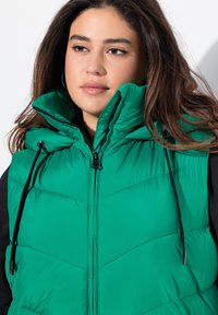 Gilet verde imbottito con colletto alto, dotato di chiusura con zip e dettagli neri. Il tessuto è trapuntato con una texture liscia.