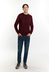 Maglione a maglia bordeaux con scollatura a girocollo, abbinato a jeans in denim blu. Il modello si erge con sicurezza, indossando scarpe da ginnastica grigie.