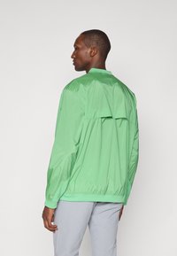 Lichtgroene nylon jas met een losse fit, voorzien van een rugplooi-detail, elastische manchetten en een aangesnoerde zoom. Glad textuur, minimalistisch ontwerp.