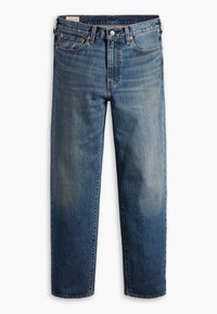 Jean bleu droit avec cinq poches, fermeture par bouton et légère décoloration aux cuisses et aux genoux.