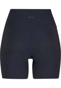 Navy blue ribbed shorts with a high waistband, featuring a visible logo on the front and a fitted design for comfort and stretch.