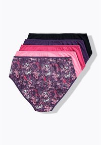 Verpakking van zes paar dameskatoenen ondergoed in verschillende kleuren: zwart, paars, roze. Eén paar heeft een bloemenpatroon; de andere zijn effen.