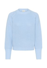 Sweater en tricot bleu clair avec texture côtelée sur les manches et le corps, col ras du cou et poignets ajustés. Matière douce avec une coupe décontractée.