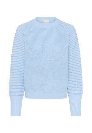 Sweater en tricot bleu clair avec texture côtelée sur les manches et le corps, col ras du cou et poignets ajustés. Matière douce avec une coupe décontractée.