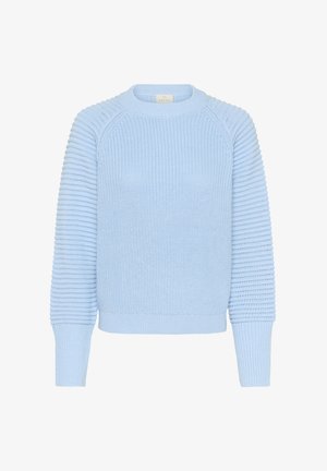 Heled sinine kampsun, millel on ribade tekstuur varrukatel ja kehal, ümmargune kaelus ja kütkestavad mansetid. Pehme materjal ja mugav lõike.