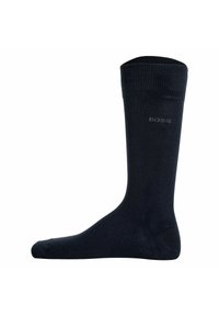 Sorte bomuldsblandede knæhøje sokker med en glat tekstur og en ribbet cuff. Har et gråt "BOSS" logo på siden.