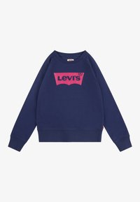Námořnický modrý svetr z bavlny, v centru s velkým růžovým logem Levi's, s ribbenovými manžetami a lemem, a kulatým výstřihem.