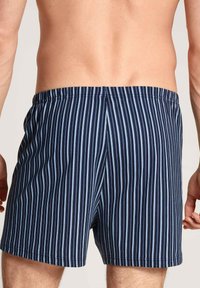 Heren zwembroek met een marineblauwe achtergrond en verticale lichtblauwe strepen. Elastische tailleband, korte lengte en een gladde stoftextuur.