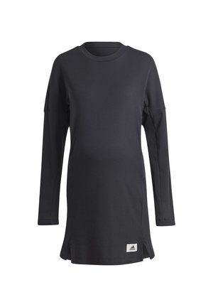 Langærmet sort Adidas tunika med rund hals og små sideslidser, med logo-patch nær kanten på hvid baggrund.