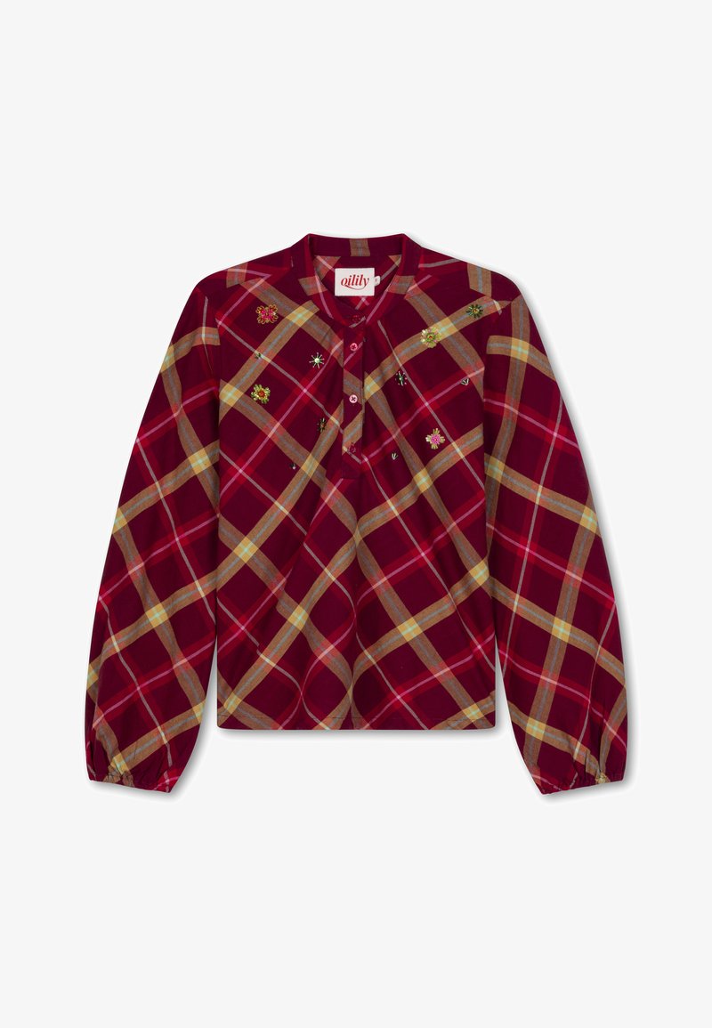 Rode geruite blouse met lange mouwen en gele en grijze lijnen, knoopsluiting, en bloemenborduursels aan de voorkant. Zachte stoftextuur.